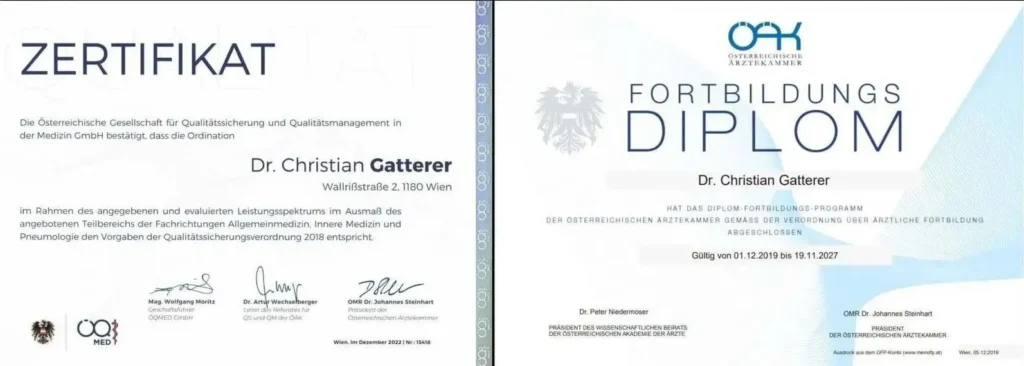 Allgemeinmediziner Wien - Dr. Christian Gatterer - Zertifikat und Diplom