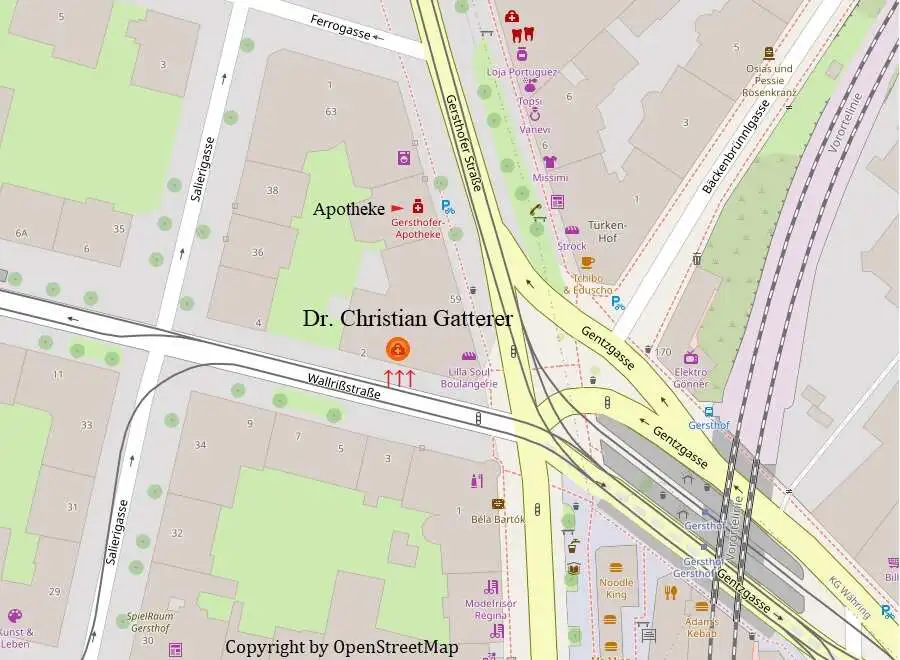 OpenStreetMap - Adresse Wallrißstraße 2, 1180 Wien - Dr. Christian Gatterer Praktischer Arzt (Hausarzt) ÖGK BVA und SVS